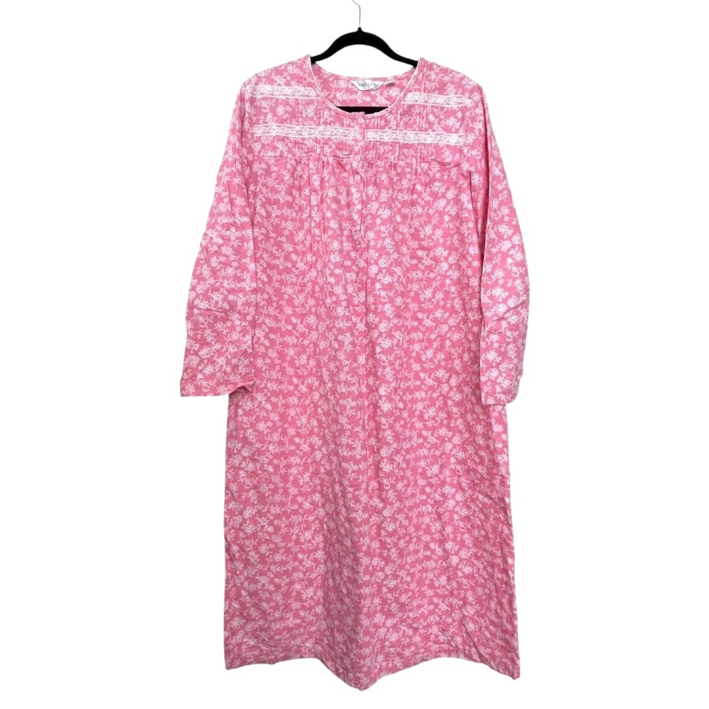 Vanity Fair Cotton Flannel Floral Print Nightgown Pajama Dress Pink White 1X